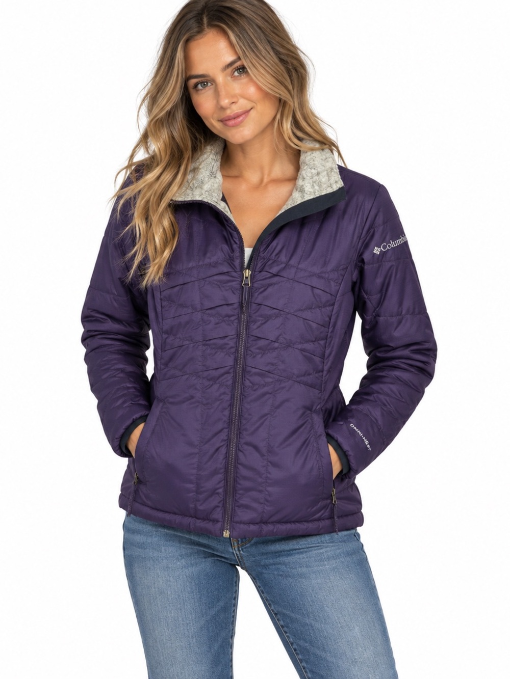 : Columbia Omni Heat Purple Quilted Insulated Jacket Fleece Collar